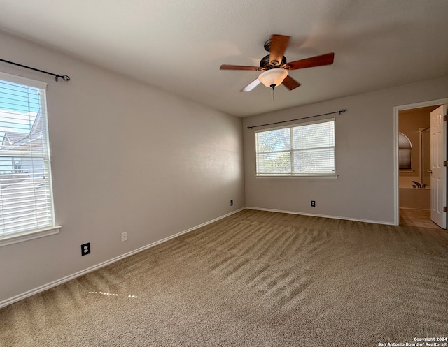 unfurnished room with ceiling fan, plenty of natural light, and carpet floors