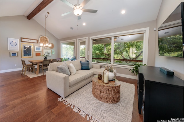 living room with wood-type flooring, ceiling fan with notable chandelier, and vaulted ceiling with beams