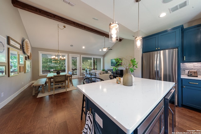 kitchen featuring lofted ceiling with beams, blue cabinetry, a kitchen island, dark wood-type flooring, and wine cooler