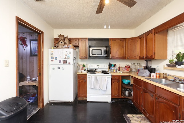 kitchen with a textured ceiling, white appliances, sink, and ceiling fan