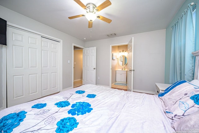 bedroom with ceiling fan, ensuite bathroom, and a closet