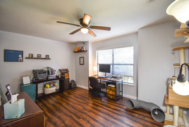 home office with ceiling fan and dark hardwood / wood-style floors