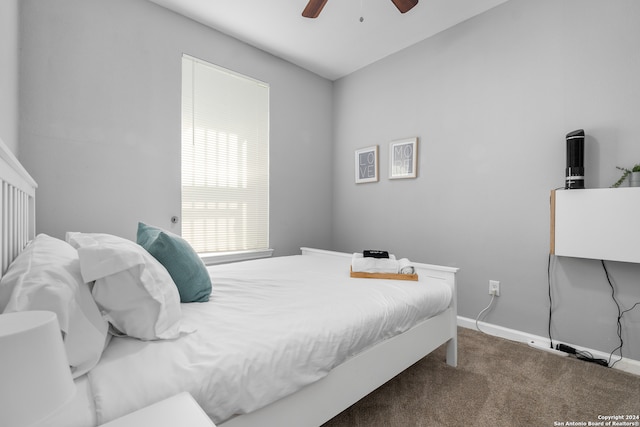 bedroom with ceiling fan and carpet floors