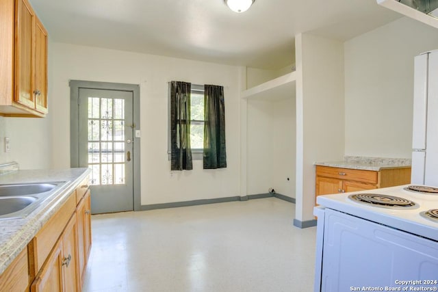 kitchen with white electric range oven and sink