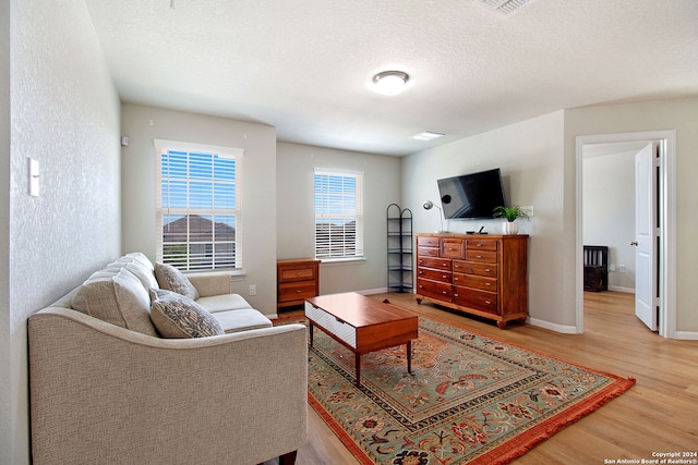 living room with a textured ceiling and hardwood / wood-style flooring