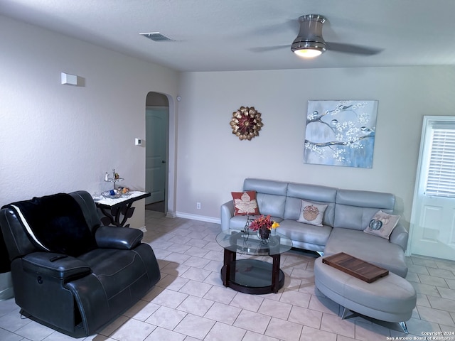 living room with ceiling fan