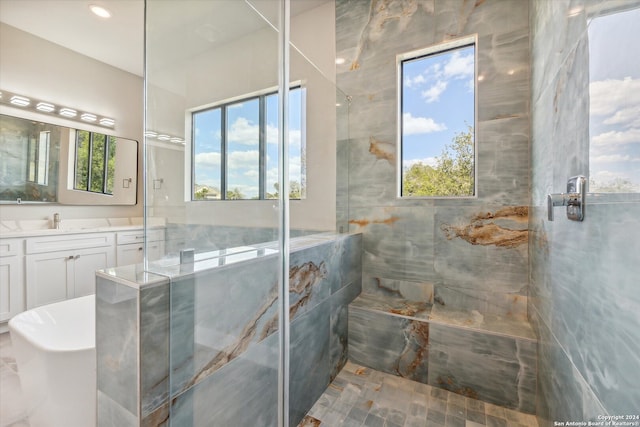 bathroom with vanity, plenty of natural light, and a tile shower