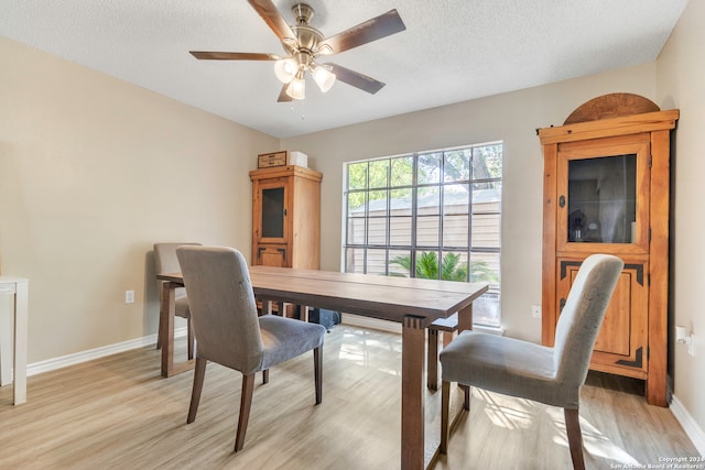 dining area with light wood-type flooring, a textured ceiling, and ceiling fan