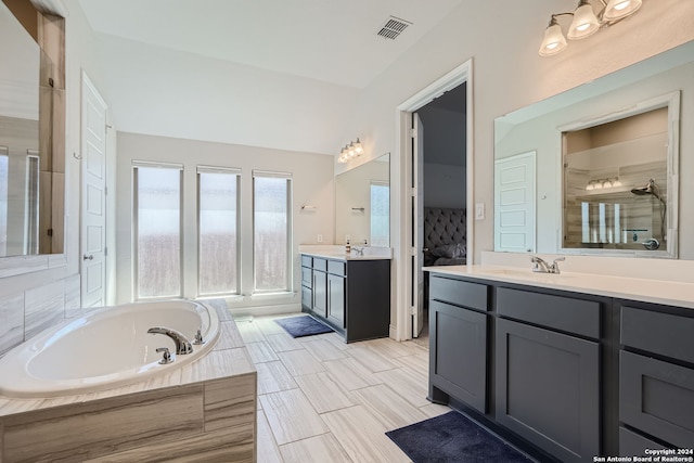 bathroom featuring vanity and separate shower and tub