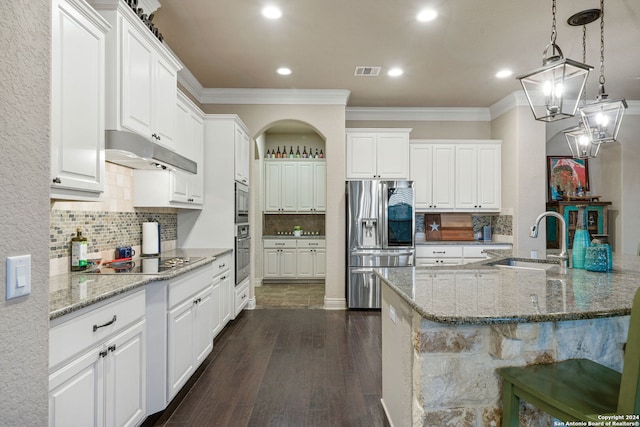 kitchen with sink, stainless steel fridge with ice dispenser, white cabinetry, black electric stovetop, and dark hardwood / wood-style flooring