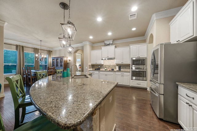 kitchen with dark hardwood / wood-style floors, a large island with sink, sink, and stainless steel appliances