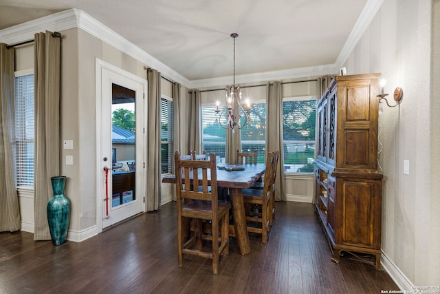 dining room featuring a chandelier, dark hardwood / wood-style floors, and crown molding