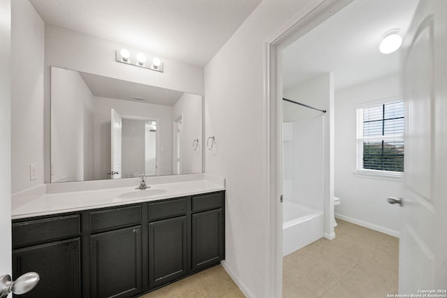 full bathroom featuring tile patterned flooring, shower / bathtub combination, vanity, and toilet