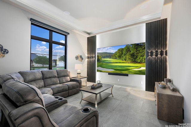 living room featuring crown molding