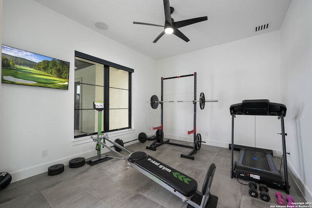 workout room with ceiling fan