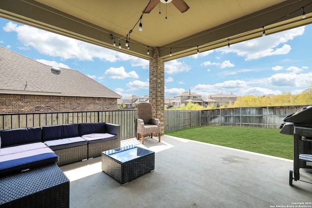 view of patio with ceiling fan and outdoor lounge area