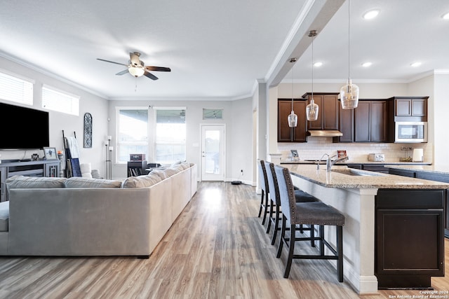 living room featuring ceiling fan, light wood-type flooring, crown molding, and sink