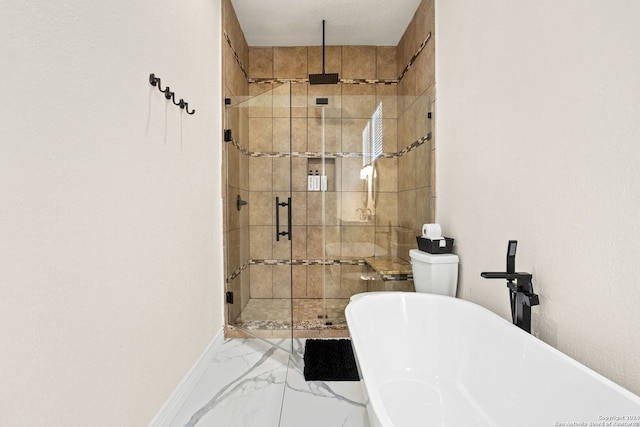 bathroom with toilet and plus walk in shower