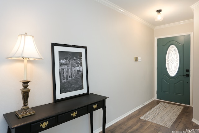 foyer featuring ornamental molding and dark hardwood / wood-style flooring