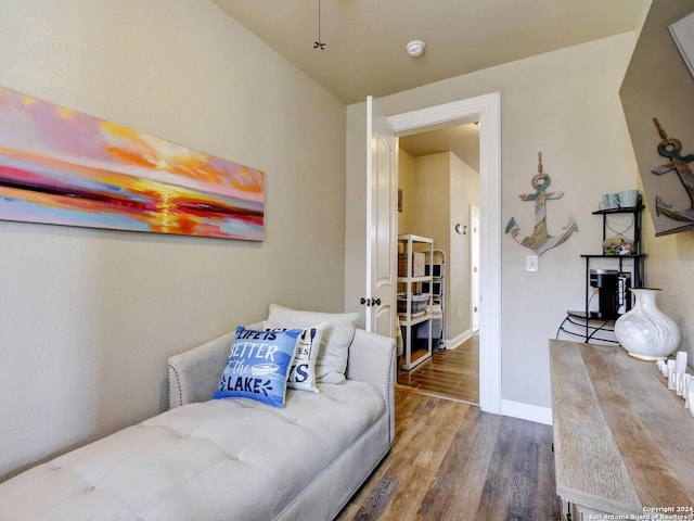 living room featuring hardwood / wood-style flooring and lofted ceiling