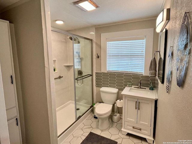 bathroom with vanity, toilet, a wall mounted air conditioner, and an enclosed shower