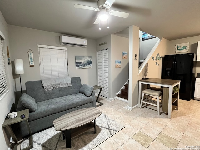 tiled living room with ceiling fan and a wall mounted AC