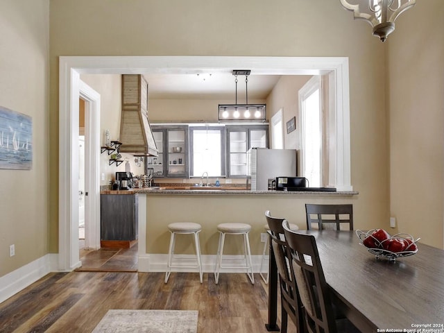 kitchen with sink, dark hardwood / wood-style floors, a healthy amount of sunlight, and stainless steel refrigerator