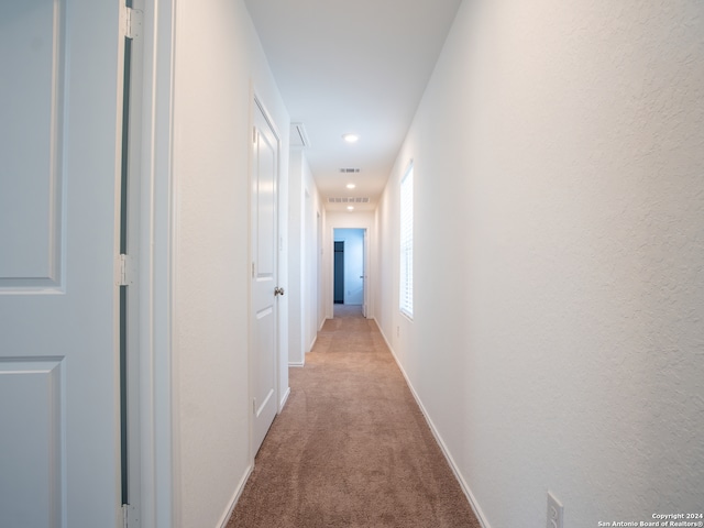 hall featuring light colored carpet