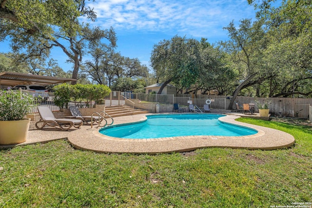 view of pool featuring a lawn and a patio area