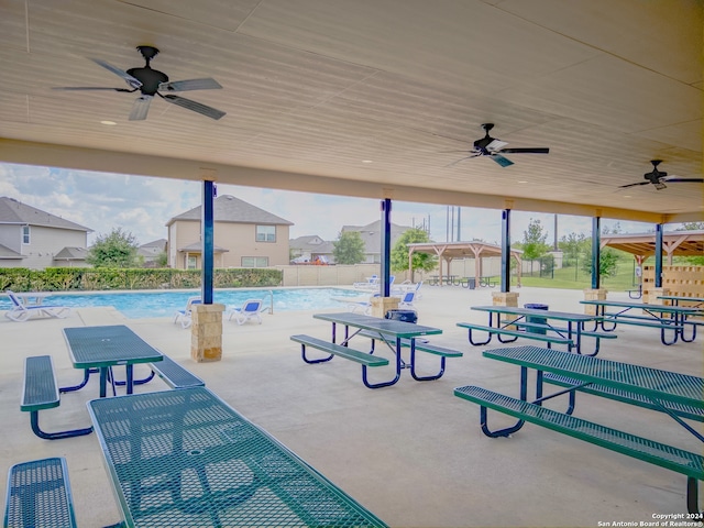 surrounding community featuring a swimming pool and a patio