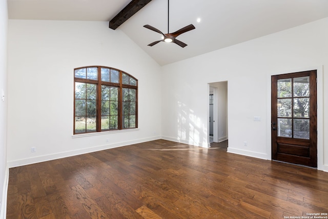 empty room with dark wood-type flooring, beamed ceiling, high vaulted ceiling, and ceiling fan