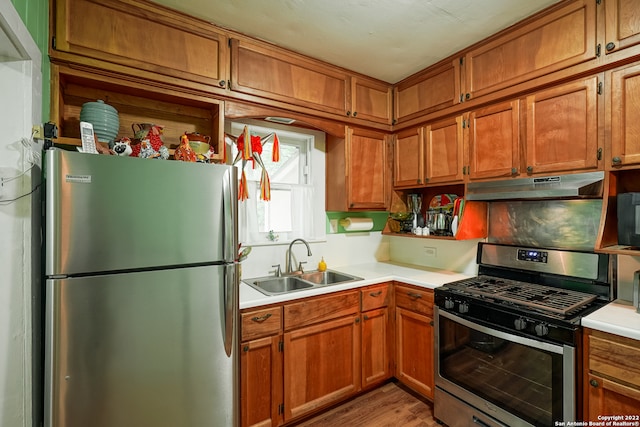 kitchen featuring stainless steel appliances, sink, and light hardwood / wood-style flooring