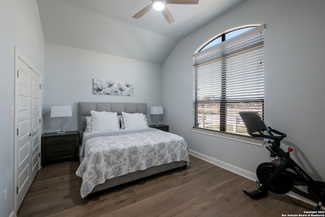 bedroom featuring ceiling fan, a closet, vaulted ceiling, and dark hardwood / wood-style flooring