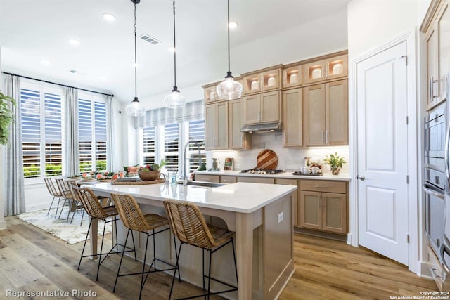 kitchen with pendant lighting, sink, appliances with stainless steel finishes, a kitchen island with sink, and light hardwood / wood-style floors