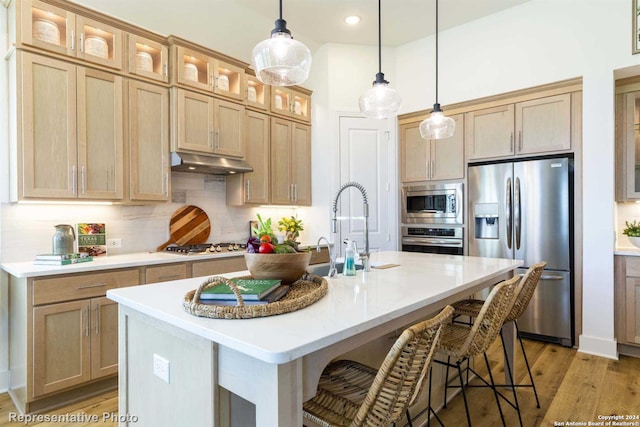 kitchen with sink, light hardwood / wood-style flooring, appliances with stainless steel finishes, a kitchen island with sink, and backsplash