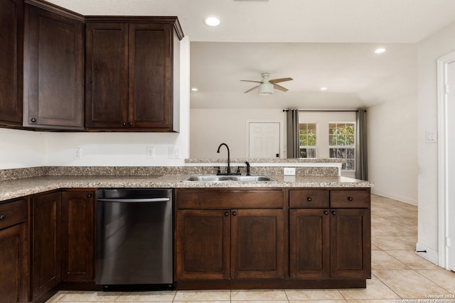 kitchen featuring light tile patterned flooring, ceiling fan, dark brown cabinets, sink, and stainless steel dishwasher