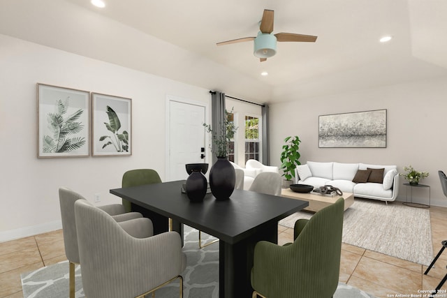 tiled dining space with ceiling fan