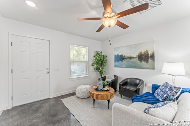 living room featuring ceiling fan