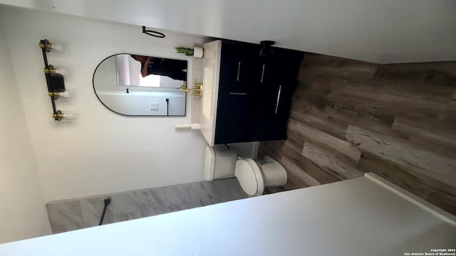 bathroom featuring wooden walls and toilet