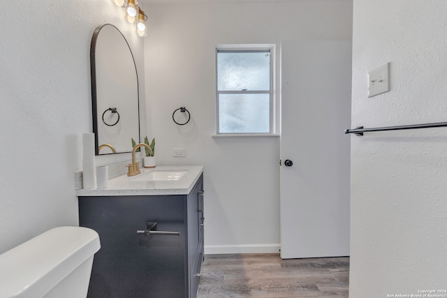 bathroom with toilet, vanity, and wood-type flooring