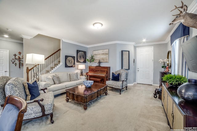 carpeted living room featuring crown molding