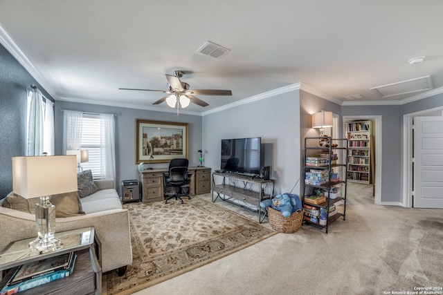 carpeted living room featuring ornamental molding and ceiling fan