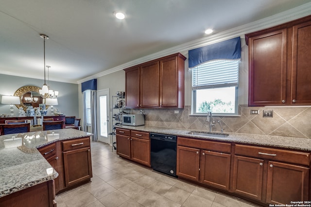 kitchen featuring black dishwasher, light stone counters, sink, an inviting chandelier, and crown molding