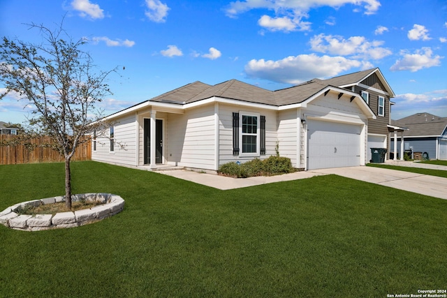 ranch-style home with a front lawn and a garage