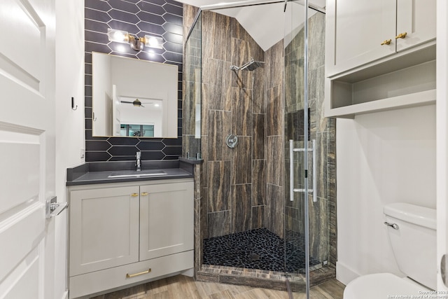 bathroom with wood-type flooring, vanity, toilet, and a shower with door