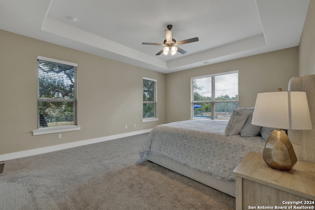 carpeted bedroom with ceiling fan and a raised ceiling