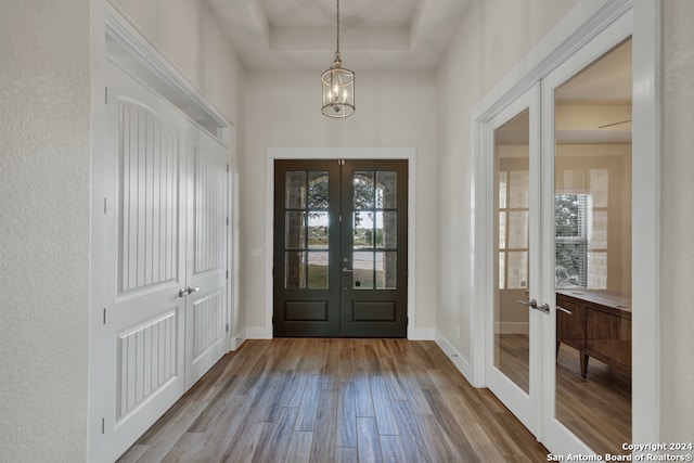 foyer with french doors, a notable chandelier, plenty of natural light, and light hardwood / wood-style floors