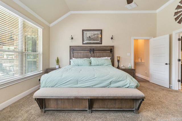 carpeted bedroom featuring ceiling fan, crown molding, vaulted ceiling, and multiple windows