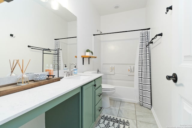 full bathroom with vanity, toilet, shower / bathtub combination with curtain, and tile patterned floors