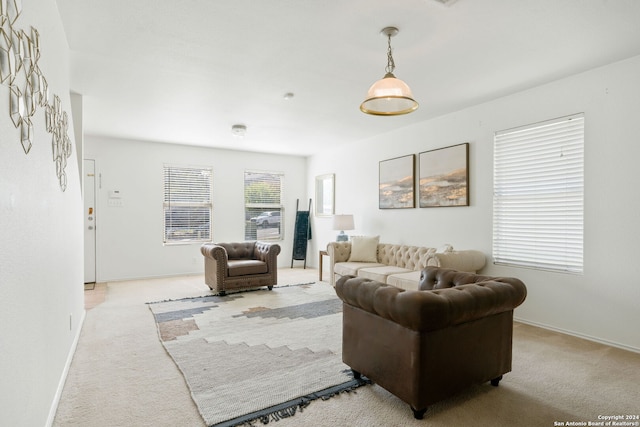 living room featuring light carpet